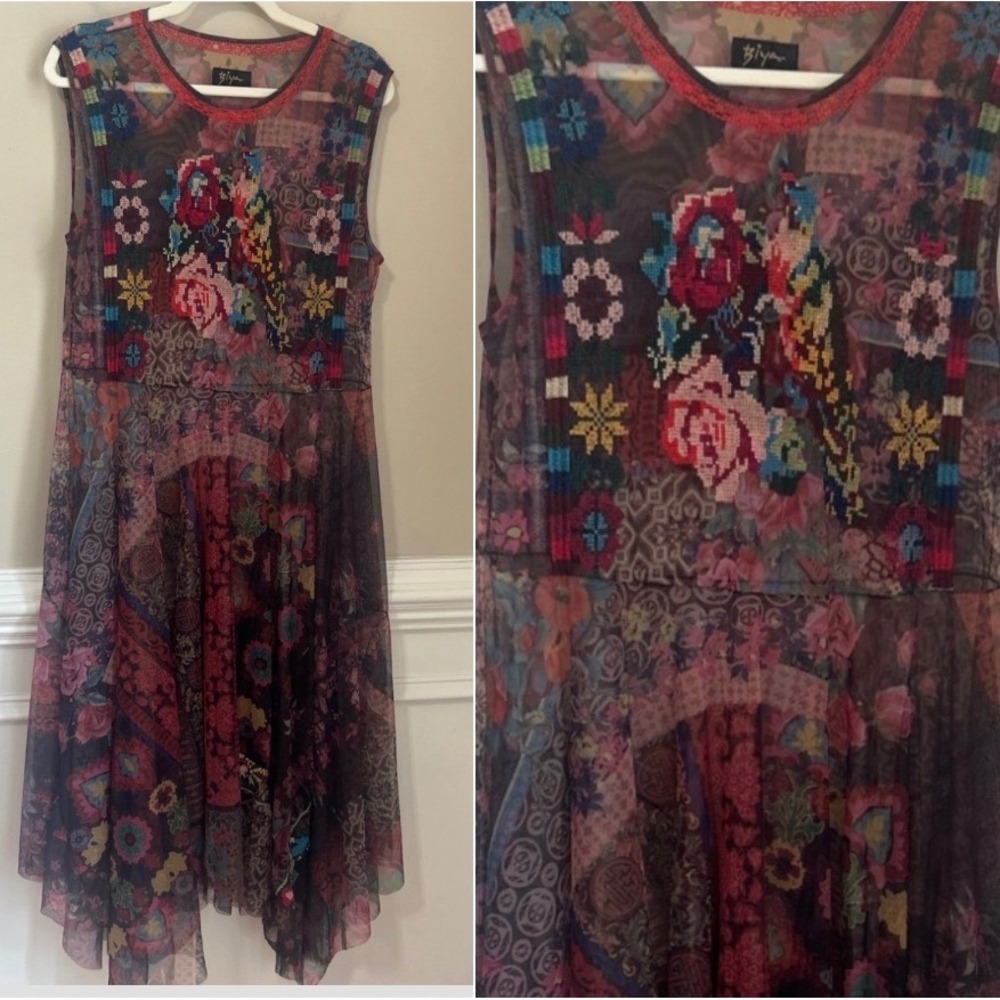 Johnny Was Biya Small Sheer Mesh Floral Bird Embroidered Handkerchief Hem Dress